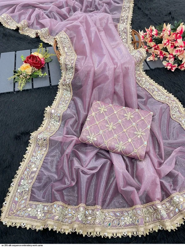 Women_Tissue_Silk_Net_Sequence_And_Real_Mirror_Worked_Saree_With_Blouse