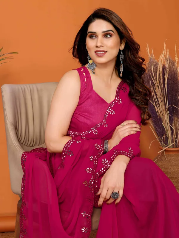 Women's_Georgette_Plain_Mirror_Work_Party_Wear_Sarees_With_Blouse_Piece