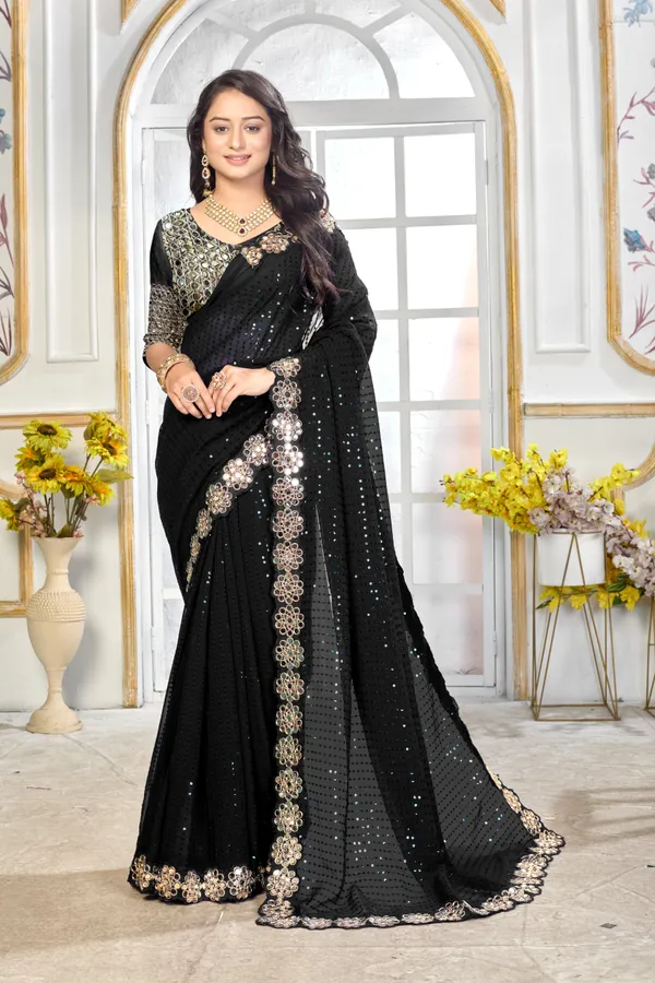 Georgette_Saree_With_Heavy_Mirror_Work_And_Sequence_With_Matching_Blouse_Piece