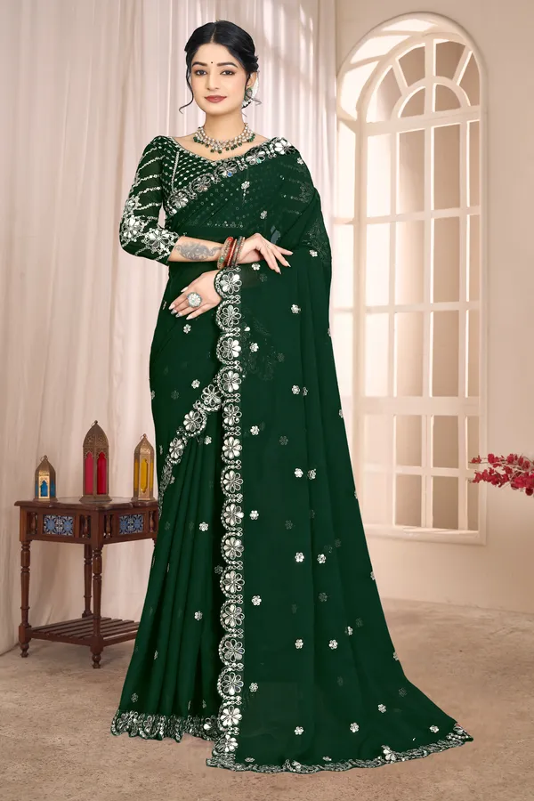 Georgette_Saree_With_Heavy_Mirror_Work_And_Sequence_With_Matching_Blouse_Piece