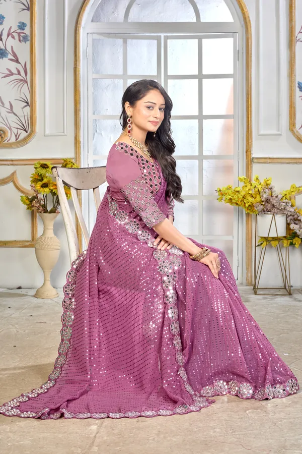 Georgette_Saree_With_Heavy_Mirror_Work_And_Sequence_With_Matching_Blouse_Piece
