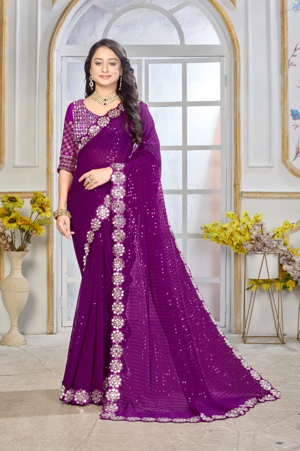 Georgette_Saree_With_Heavy_Mirror_Work_And_Sequence_With_Matching_Blouse_Piece