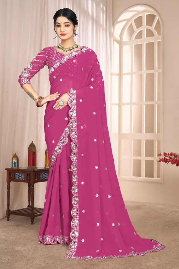 Georgette_Saree_With_Heavy_Mirror_Work_And_Sequence_With_Matching_Blouse_Piece