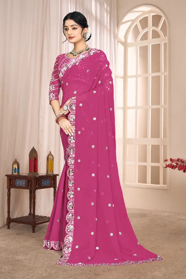 Georgette_Saree_With_Heavy_Mirror_Work_And_Sequence_With_Matching_Blouse_Piece