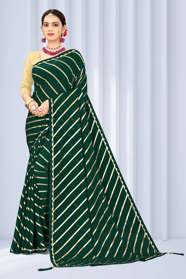 Georgette_Saree_Leheriya_Pattern_Foil_Work_With_Golden_Blouse_Piece