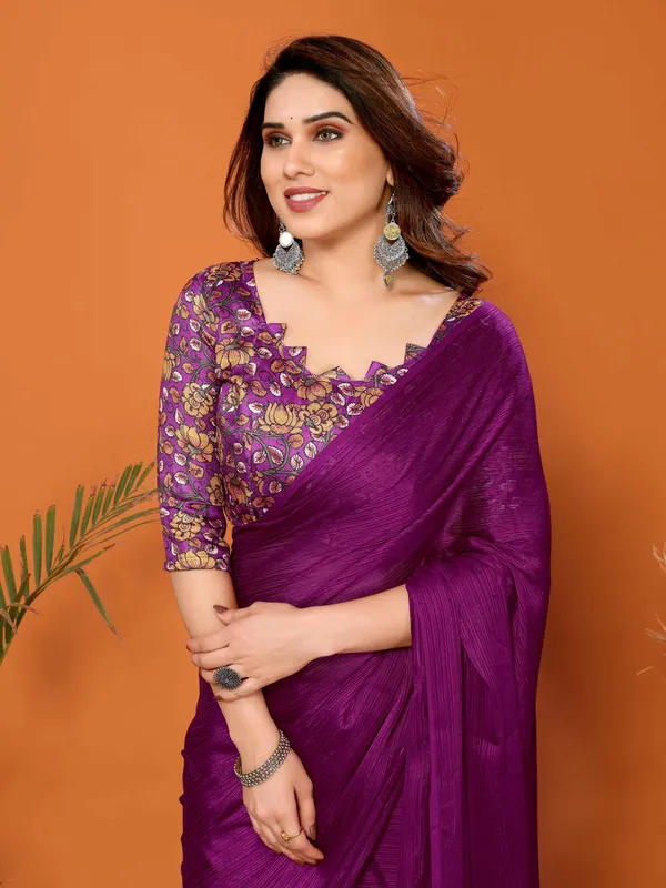Chiffon_Plain_Saree_With_Kalamkari_Digital_Print_Blouse