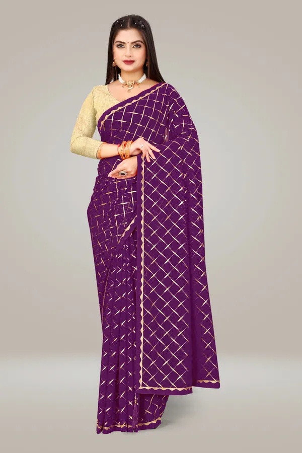 Georgette_Saree_Cross_Pattern_Foil_Work_With_Golden_Blouse_Piece
