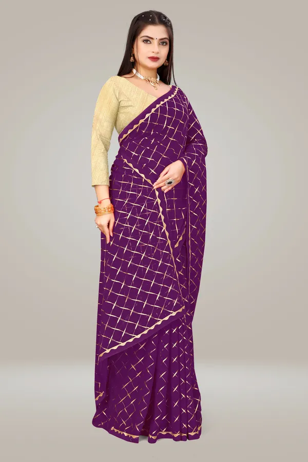 Georgette_Saree_Cross_Pattern_Foil_Work_With_Golden_Blouse_Piece