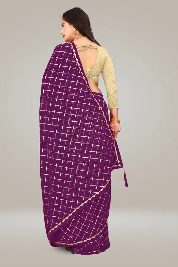 Georgette_Saree_Cross_Pattern_Foil_Work_With_Golden_Blouse_Piece