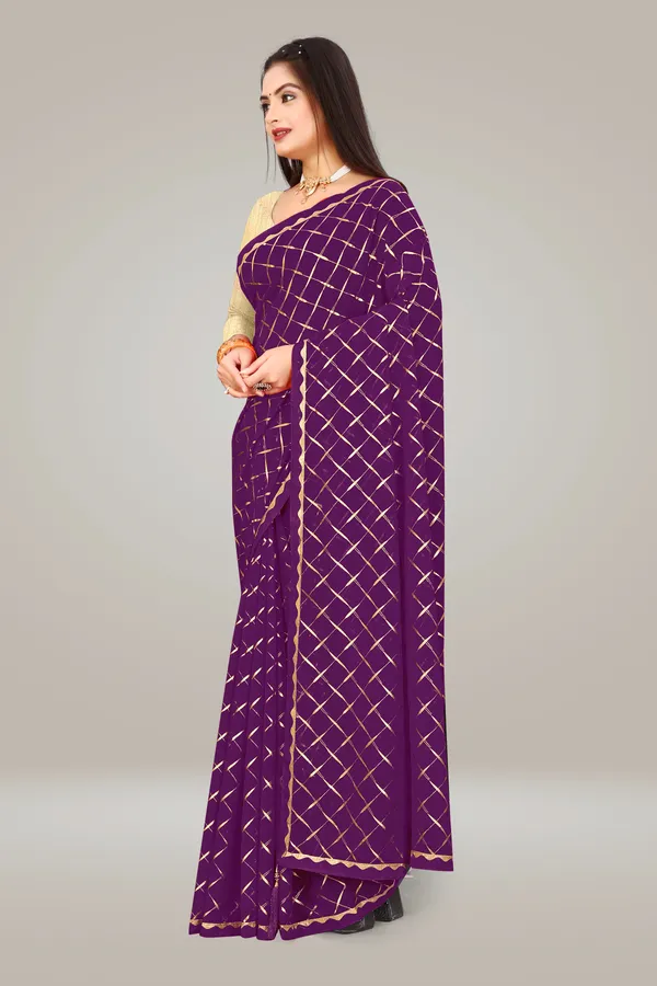 Georgette_Saree_Cross_Pattern_Foil_Work_With_Golden_Blouse_Piece