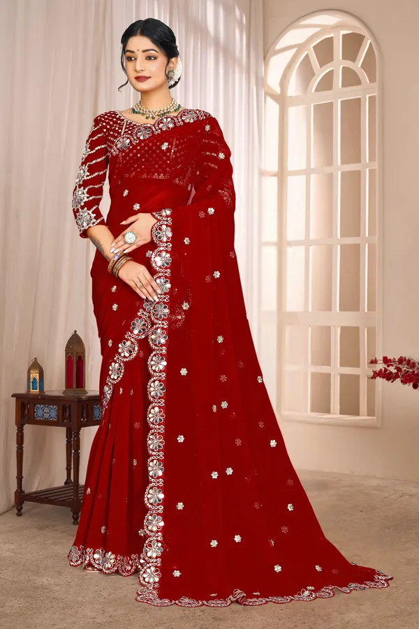 Georgette_Saree_With_Heavy_Mirror_Work_And_Sequence_With_Matching_Blouse_Piece