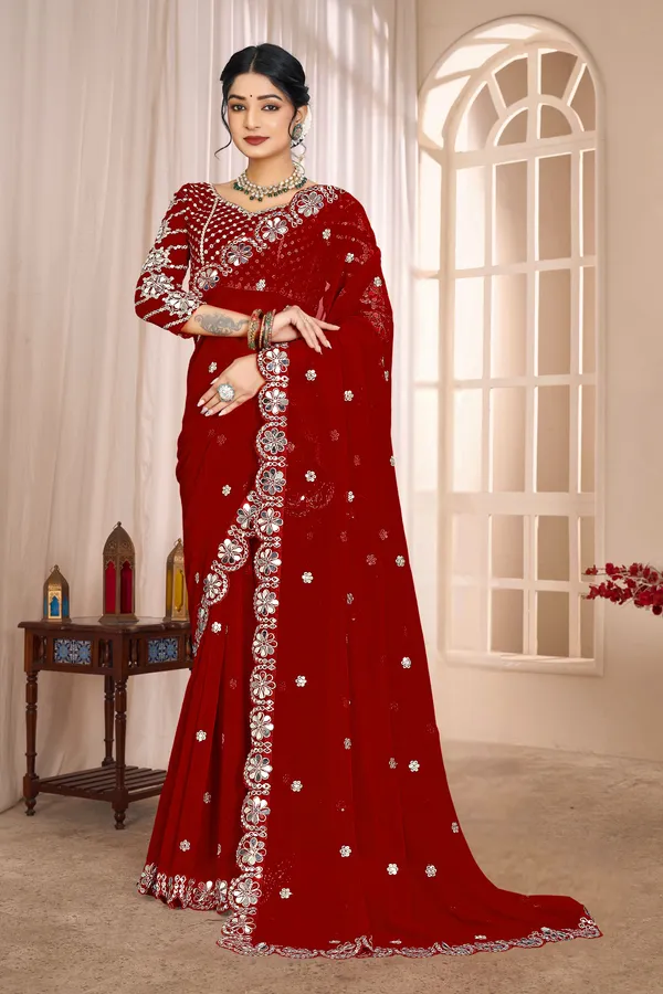 Georgette_Saree_With_Heavy_Mirror_Work_And_Sequence_With_Matching_Blouse_Piece