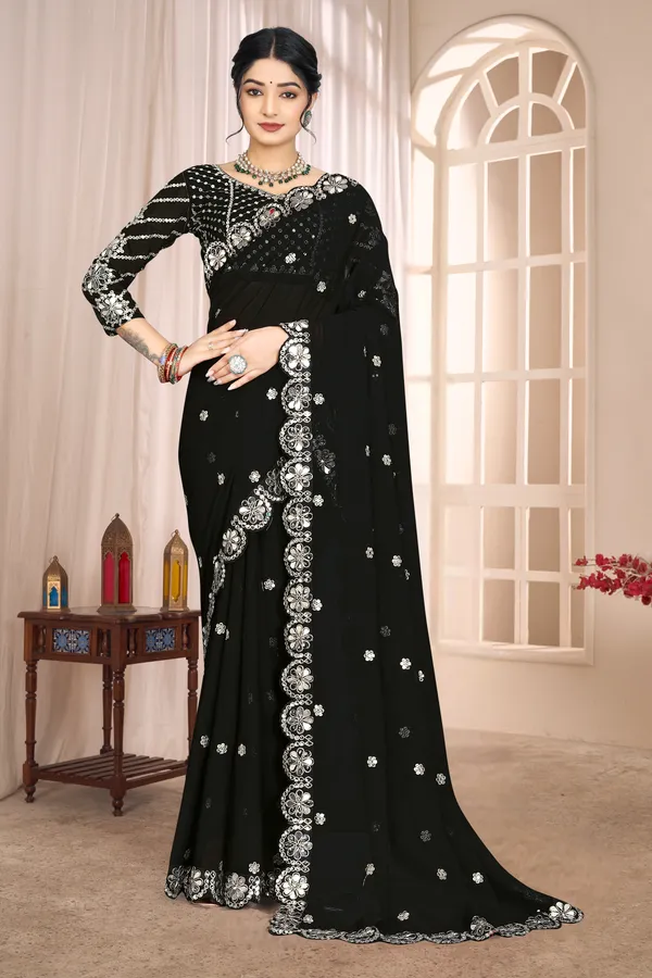 Georgette_Saree_With_Heavy_Mirror_Work_And_Sequence_With_Matching_Blouse_Piece