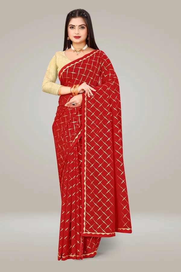 Georgette_Saree_Cross_Pattern_Foil_Work_With_Golden_Blouse_Piece