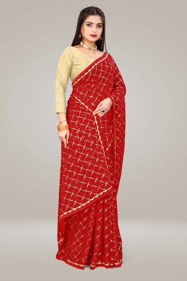 Georgette_Saree_Cross_Pattern_Foil_Work_With_Golden_Blouse_Piece