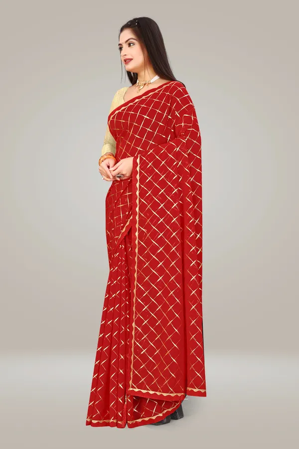 Georgette_Saree_Cross_Pattern_Foil_Work_With_Golden_Blouse_Piece