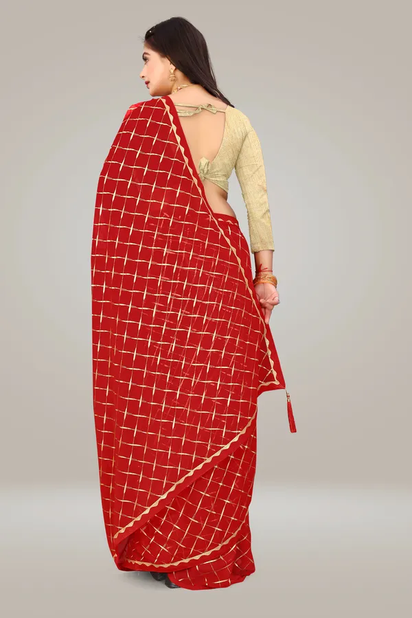 Georgette_Saree_Cross_Pattern_Foil_Work_With_Golden_Blouse_Piece