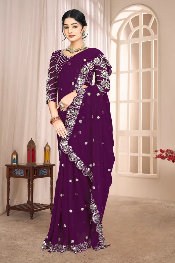 Georgette_Saree_With_Heavy_Mirror_Work_And_Sequence_With_Matching_Blouse_Piece