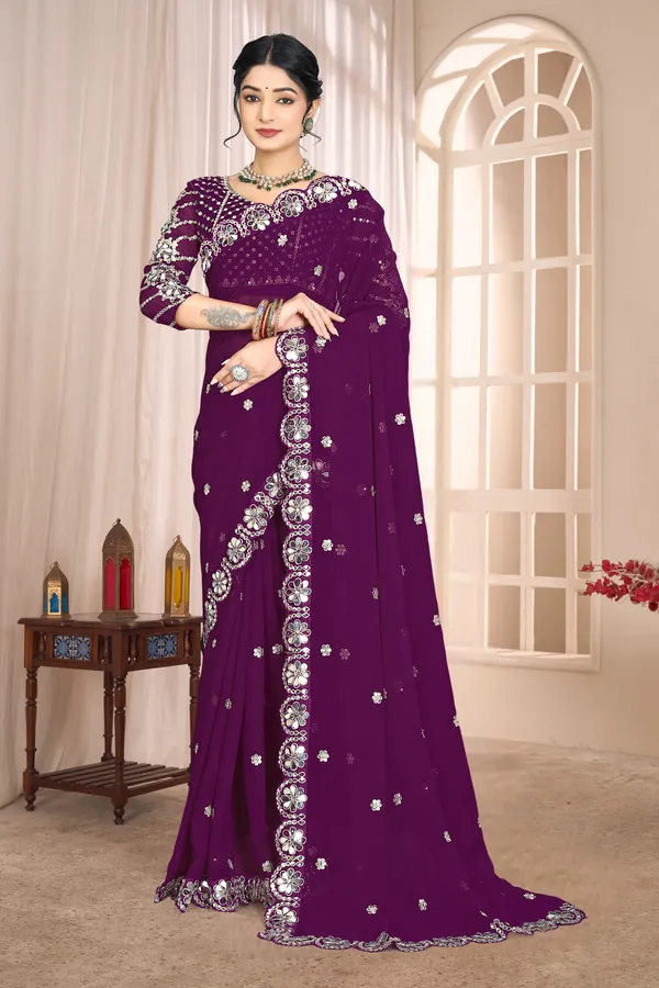 Georgette_Saree_With_Heavy_Mirror_Work_And_Sequence_With_Matching_Blouse_Piece