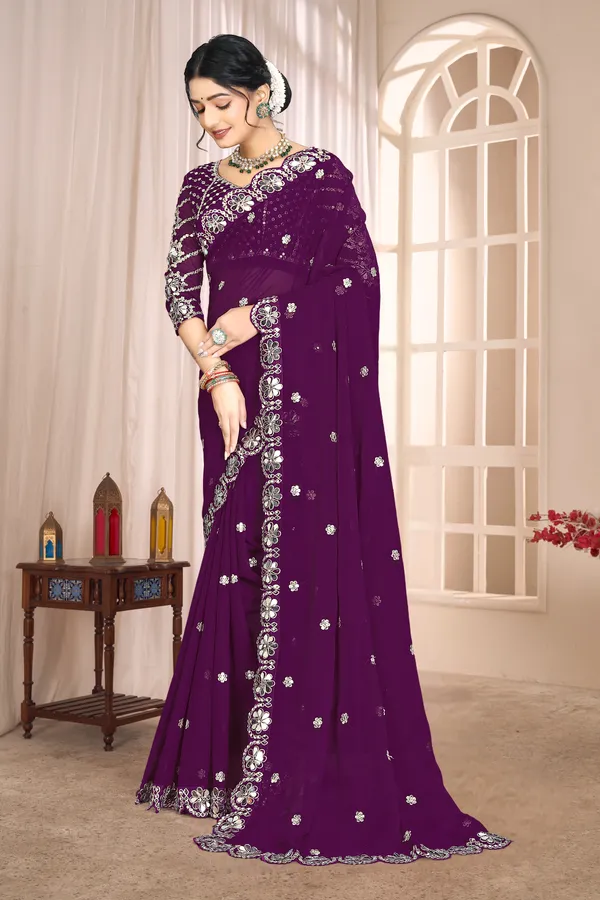 Georgette_Saree_With_Heavy_Mirror_Work_And_Sequence_With_Matching_Blouse_Piece