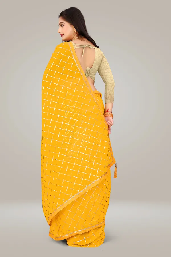 Georgette_Saree_Cross_Pattern_Foil_Work_With_Golden_Blouse_Piece