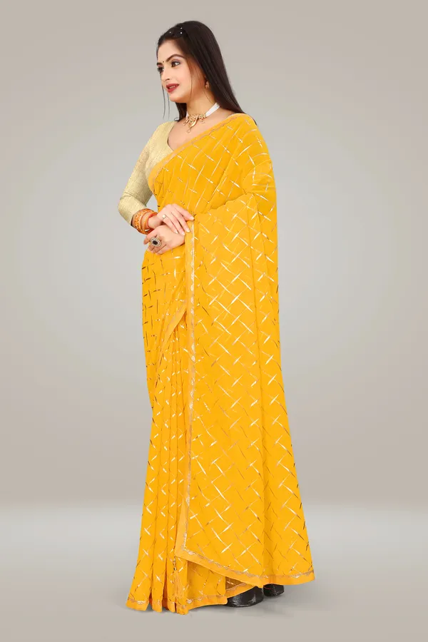 Georgette_Saree_Cross_Pattern_Foil_Work_With_Golden_Blouse_Piece