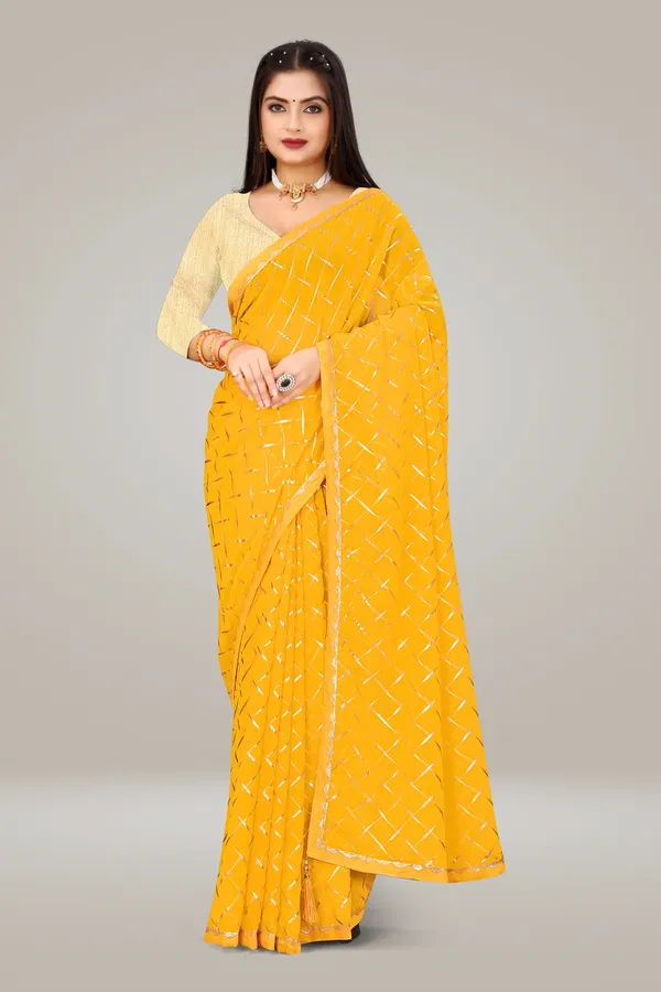 Georgette_Saree_Cross_Pattern_Foil_Work_With_Golden_Blouse_Piece