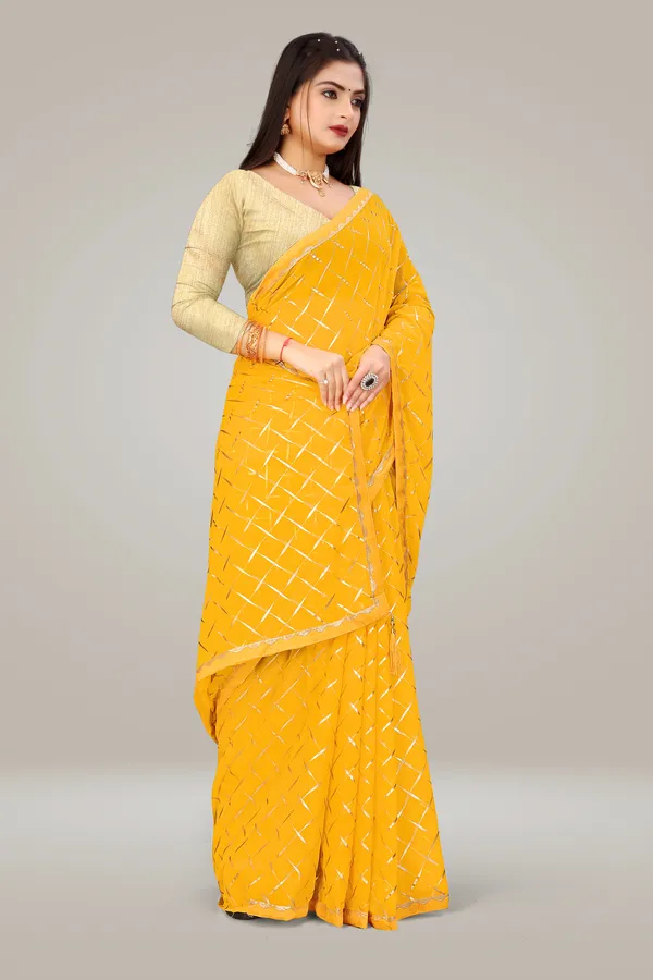 Georgette_Saree_Cross_Pattern_Foil_Work_With_Golden_Blouse_Piece