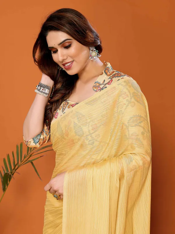 Chiffon_Plain_Saree_With_Kalamkari_Digital_Print_Blouse