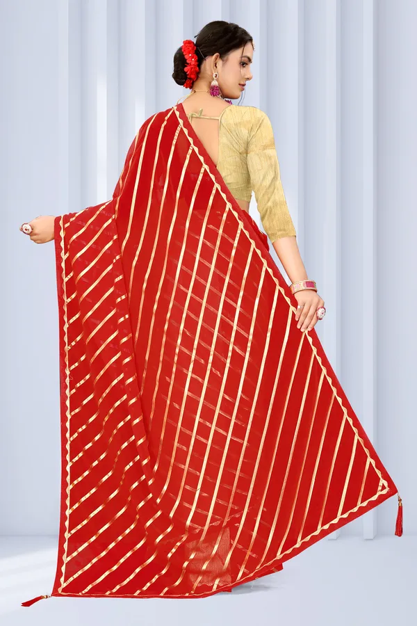 Georgette_Saree_Leheriya_Pattern_Foil_Work_With_Golden_Blouse_Piece