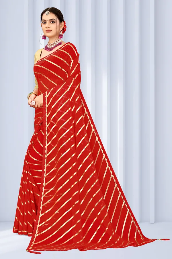 Georgette_Saree_Leheriya_Pattern_Foil_Work_With_Golden_Blouse_Piece