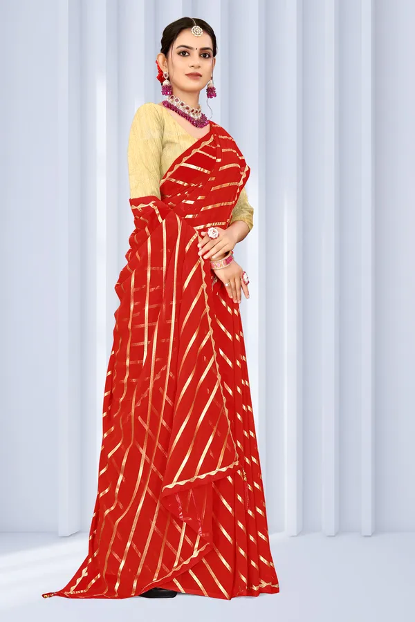 Georgette_Saree_Leheriya_Pattern_Foil_Work_With_Golden_Blouse_Piece