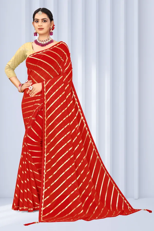 Georgette_Saree_Leheriya_Pattern_Foil_Work_With_Golden_Blouse_Piece