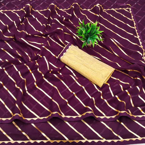 Georgette_Saree_Leheriya_Pattern_Foil_Work_With_Golden_Blouse_Piece