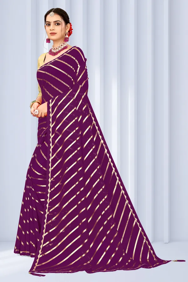 Georgette_Saree_Leheriya_Pattern_Foil_Work_With_Golden_Blouse_Piece