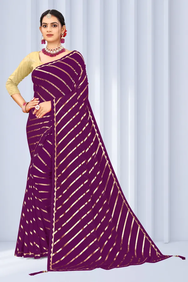 Georgette_Saree_Leheriya_Pattern_Foil_Work_With_Golden_Blouse_Piece