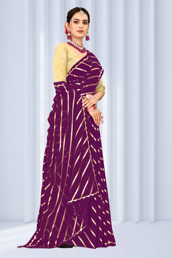 Georgette_Saree_Leheriya_Pattern_Foil_Work_With_Golden_Blouse_Piece