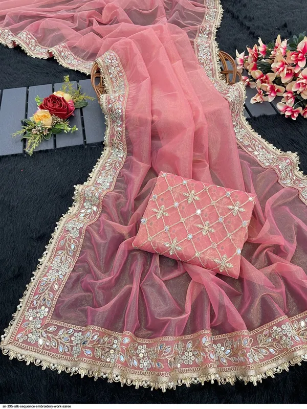 Women_Tissue_Silk_Net_Sequence_And_Real_Mirror_Worked_Saree_With_Blouse