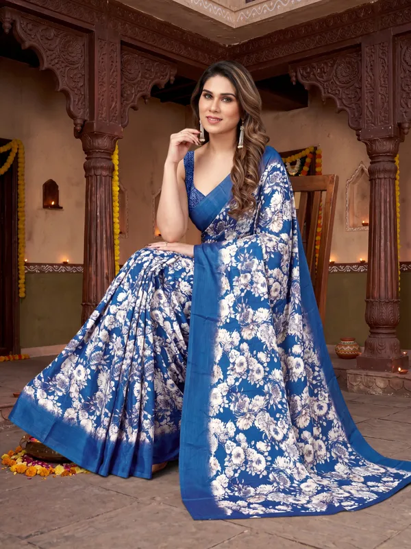 Tussar_Silk_Saree_Digital_Printed_Floral_Pattern_With_Running_Blouse_Piece