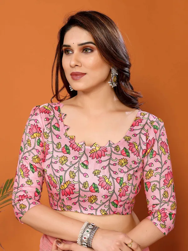 Chiffon_Plain_Saree_With_Kalamkari_Digital_Print_Blouse