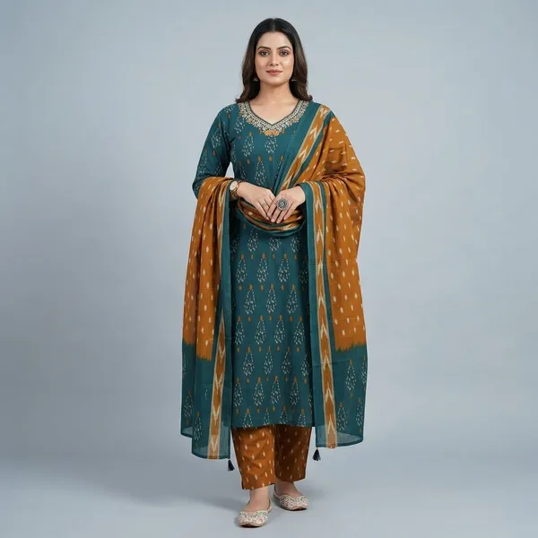 Libas_Premium_Ajrak_Cotton_Suit_Set_–_Teal_&_Mustard_Ikat_Print_|_Kurti,_Pant_&_Dupatta