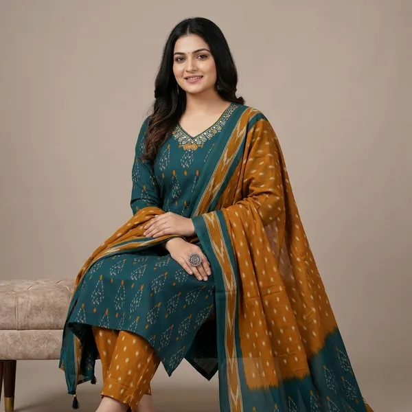 Libas_Premium_Ajrak_Cotton_Suit_Set_–_Teal_&_Mustard_Ikat_Print_|_Kurti,_Pant_&_Dupatta