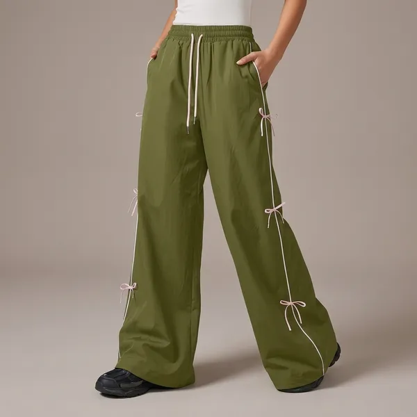 Olive_Green_Polyester_Cotton_Wide_Leg_Drawstring_Pants_For_Women