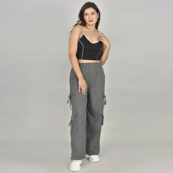 Grey_Polyester_Cotton_Wide_Leg_Multi-Pocket_Cargo_Pants_For_Women