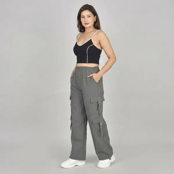 Grey_Polyester_Cotton_Wide_Leg_Multi-Pocket_Cargo_Pants_For_Women