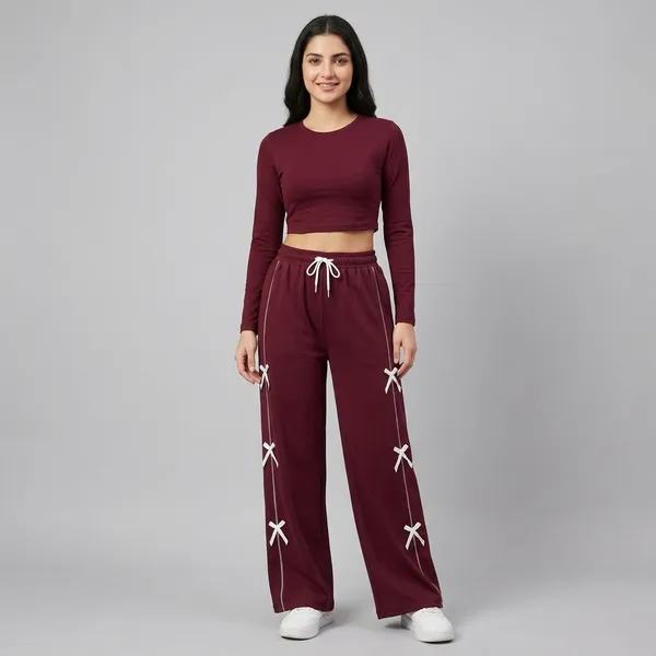 Black_Maroon_Polyester_Cotton_Wide_Leg_Bow_Detail_Track_Pants_For_Women