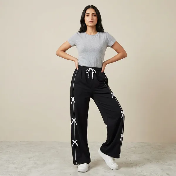 Black_Maroon_Polyester_Cotton_Wide_Leg_Bow_Detail_Track_Pants_For_Women