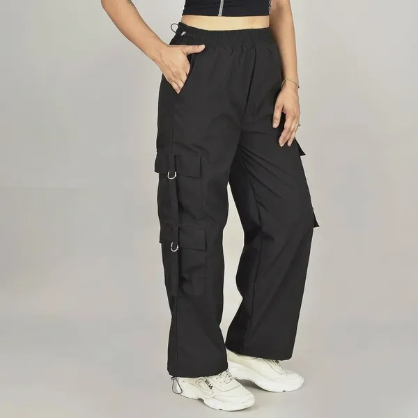 Black_Polyester_Cotton_Wide_Leg_Multi-Pocket_Cargo_Pants_For_Women