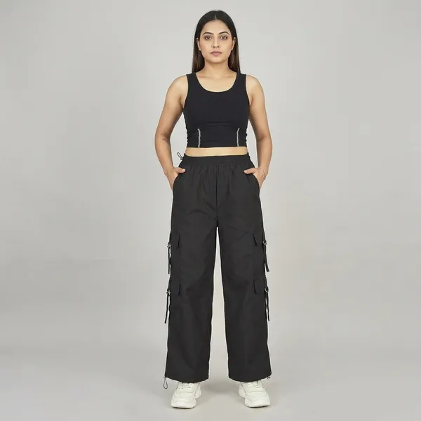 Black_Polyester_Cotton_Wide_Leg_Multi-Pocket_Cargo_Pants_For_Women