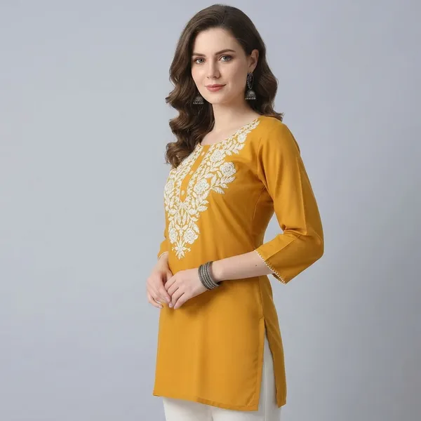 Mustard_Yellow_Rayon_Straight_Embroidered_Kurti_For_Women